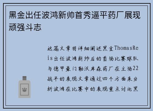 黑金出任波鸿新帅首秀逼平药厂展现顽强斗志