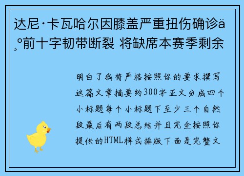 达尼·卡瓦哈尔因膝盖严重扭伤确诊为前十字韧带断裂 将缺席本赛季剩余所有比赛